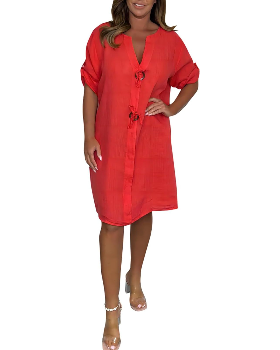 Hosszú ujjú elegáns gombokkal ellátott vászonruha