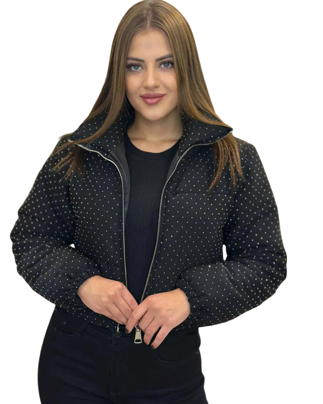 Női Téli Kabát Díszítő Kövekkel és Cipzárral