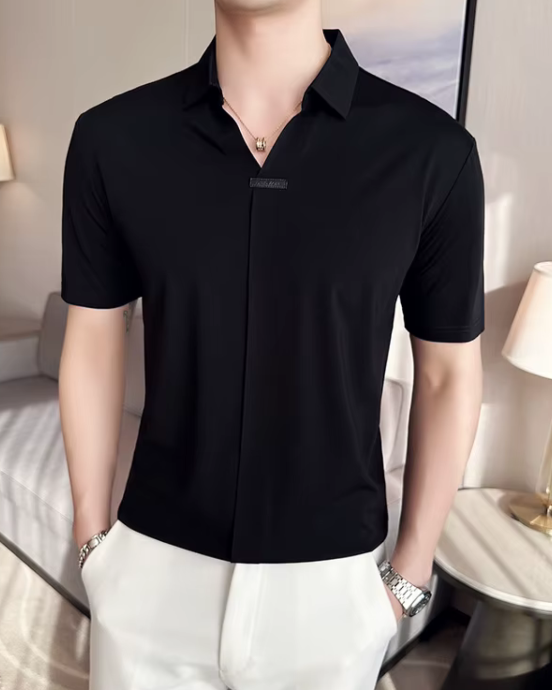 Férfi póló, nagy rugalmasságú, könnyű, puha és gyűrődésálló, egyszínű