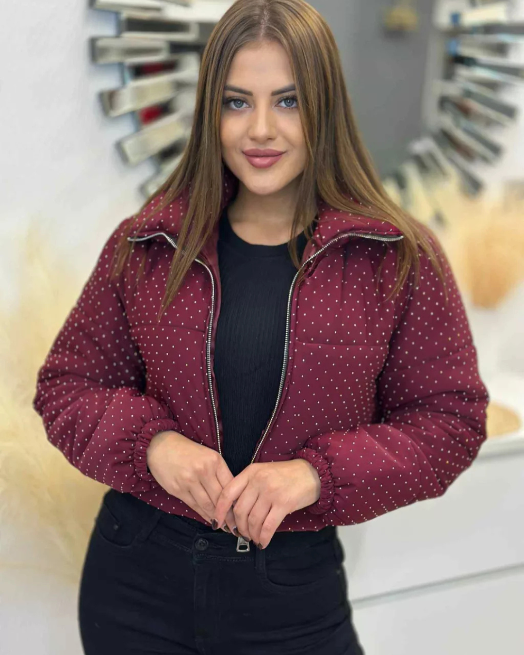 Női Téli Kabát Díszítő Kövekkel és Cipzárral