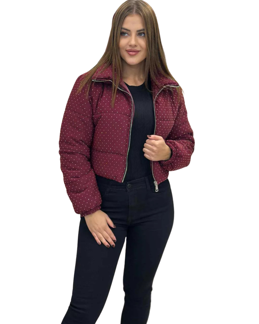 Női Téli Kabát Díszítő Kövekkel és Cipzárral