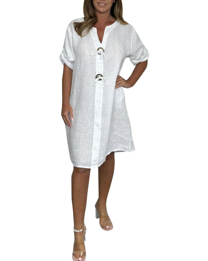 Hosszú ujjú elegáns gombokkal ellátott vászonruha