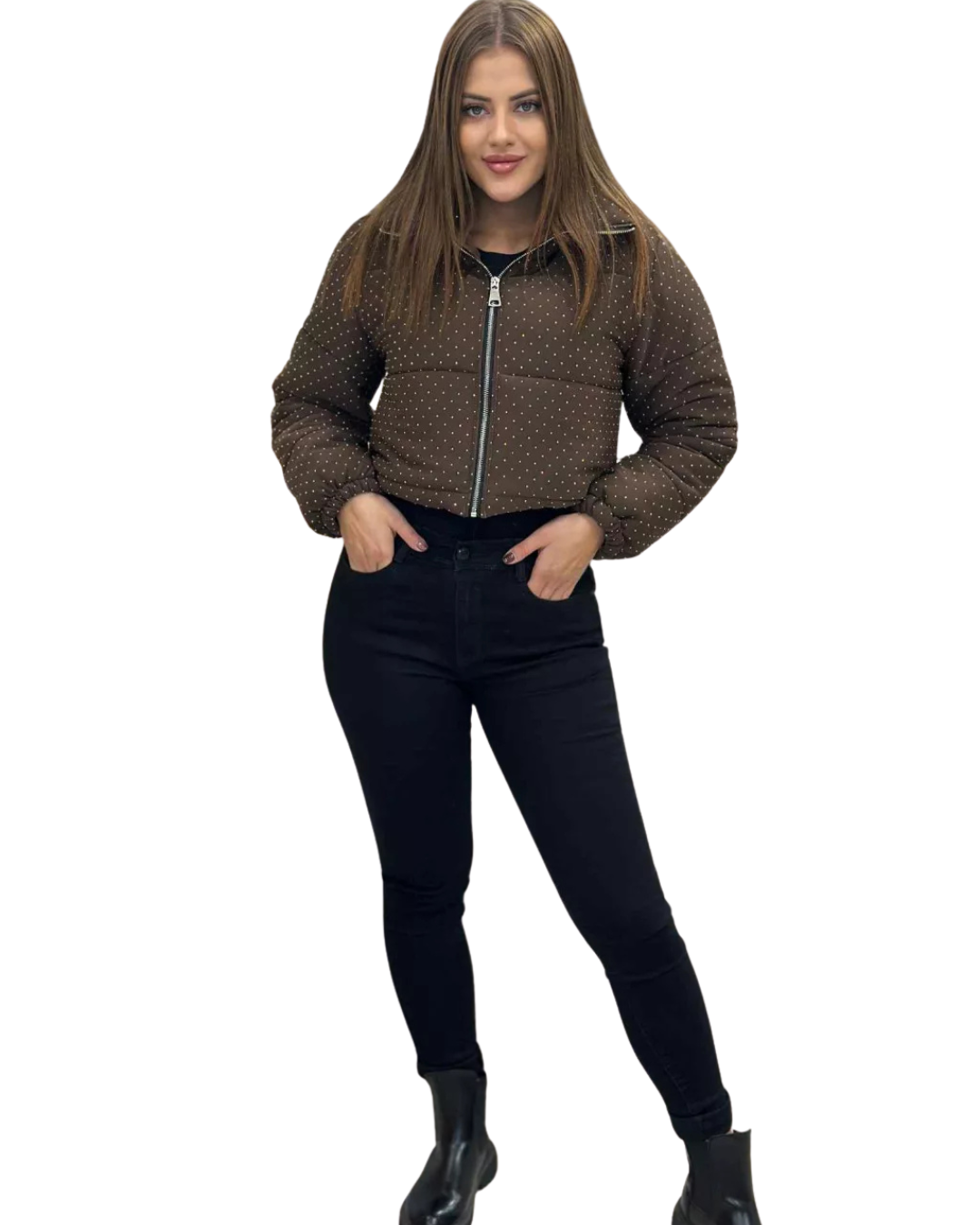 Női Téli Kabát Díszítő Kövekkel és Cipzárral