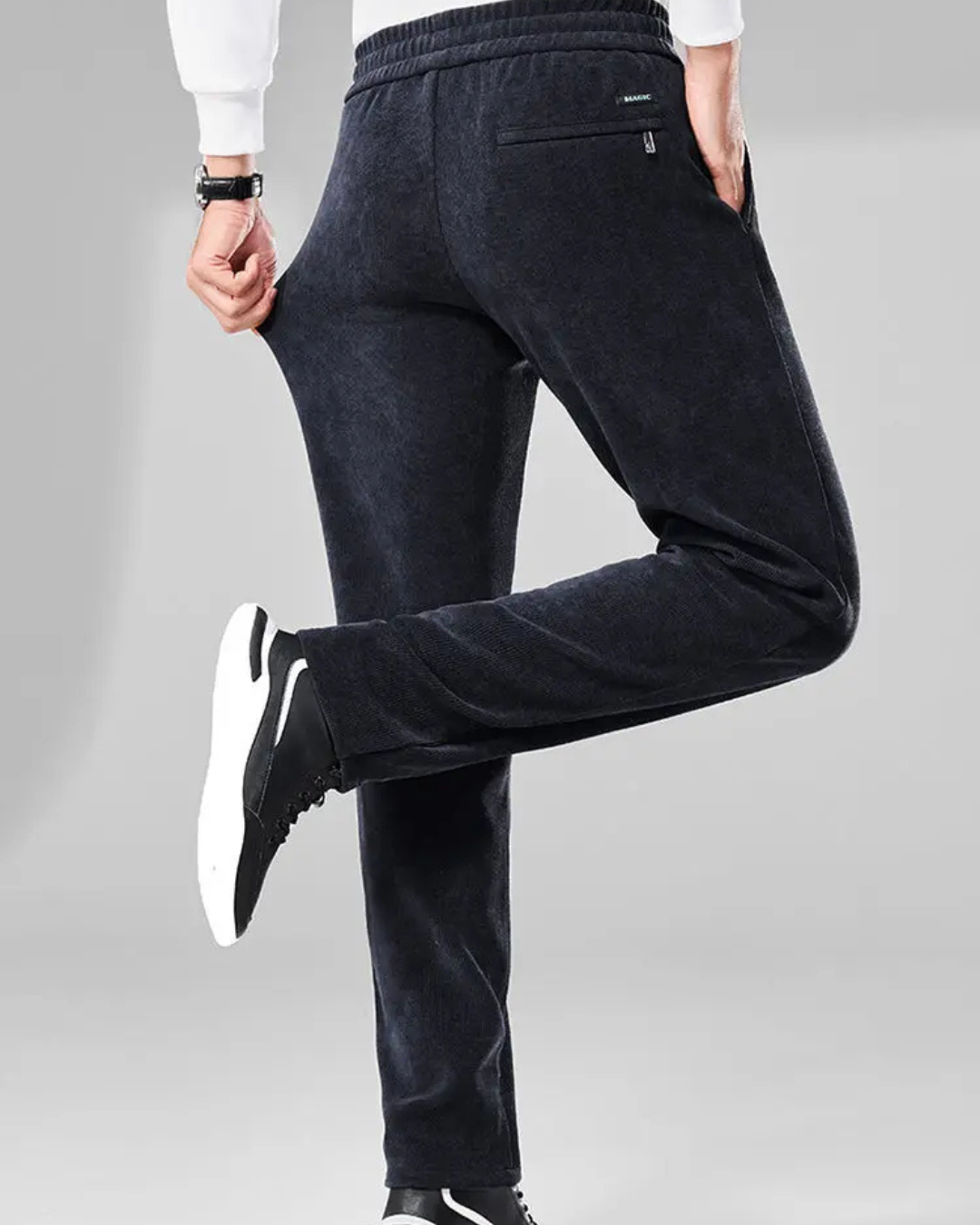 Férfi alkalmi bársony nadrág rugalmas derékkal