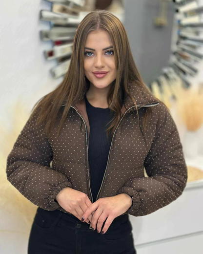 Női Téli Kabát Díszítő Kövekkel és Cipzárral