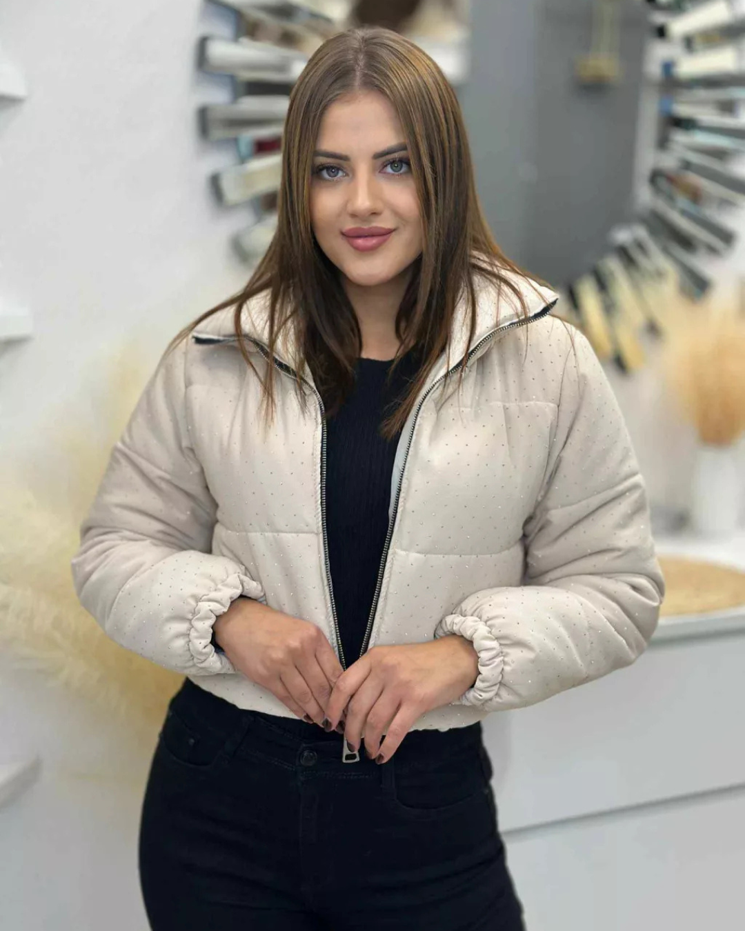 Női Téli Kabát Díszítő Kövekkel és Cipzárral