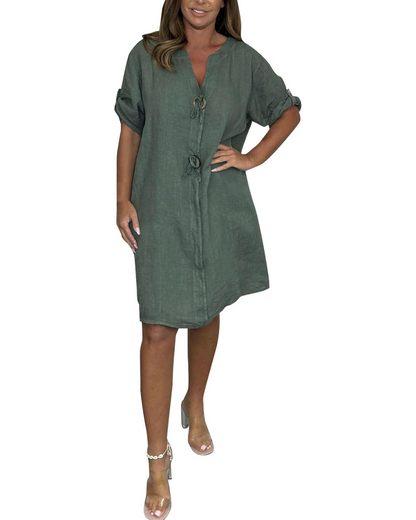 Hosszú ujjú elegáns gombokkal ellátott vászonruha