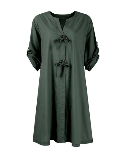 Hosszú ujjú elegáns gombokkal ellátott vászonruha